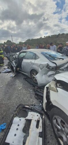 Two bloodied men in their 30s were seriously injured in a car accident 